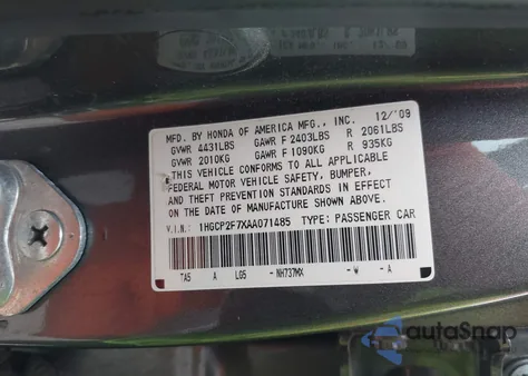 2010 Honda Accord 2.4 Ex from USA, damaged, VIN 1HGCP2F7XAA071485